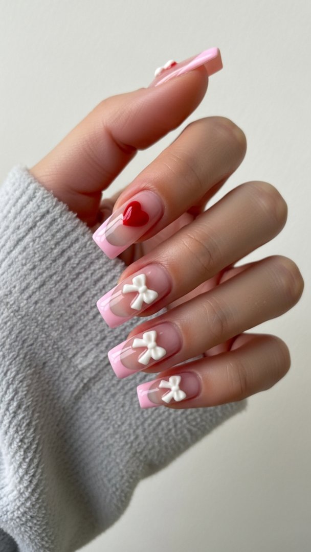 3D Coquette Romance: Baby Pink French Tips with Sculpted Bows and Statement Heart