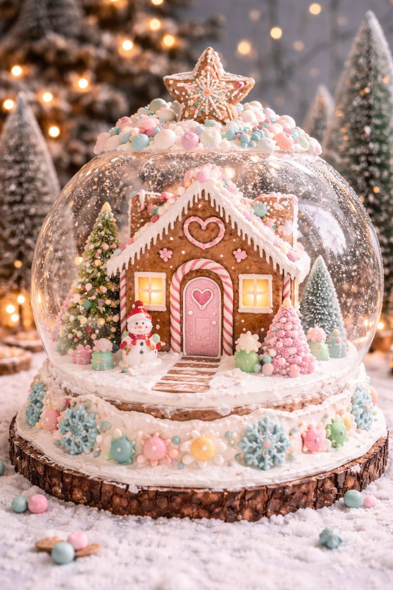 Snow Globe Gingerbread Display with Pastel Candy Details