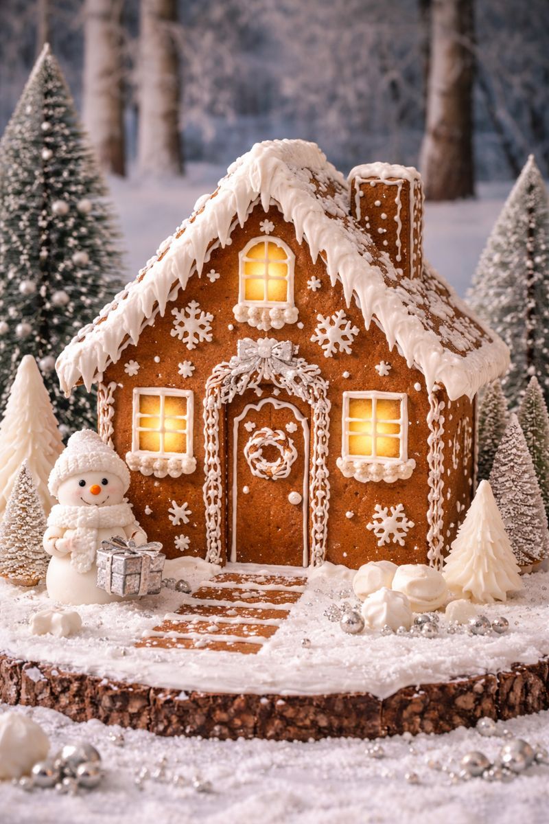 Classic Snowy Gingerbread Cottage with Elegant Icing Details