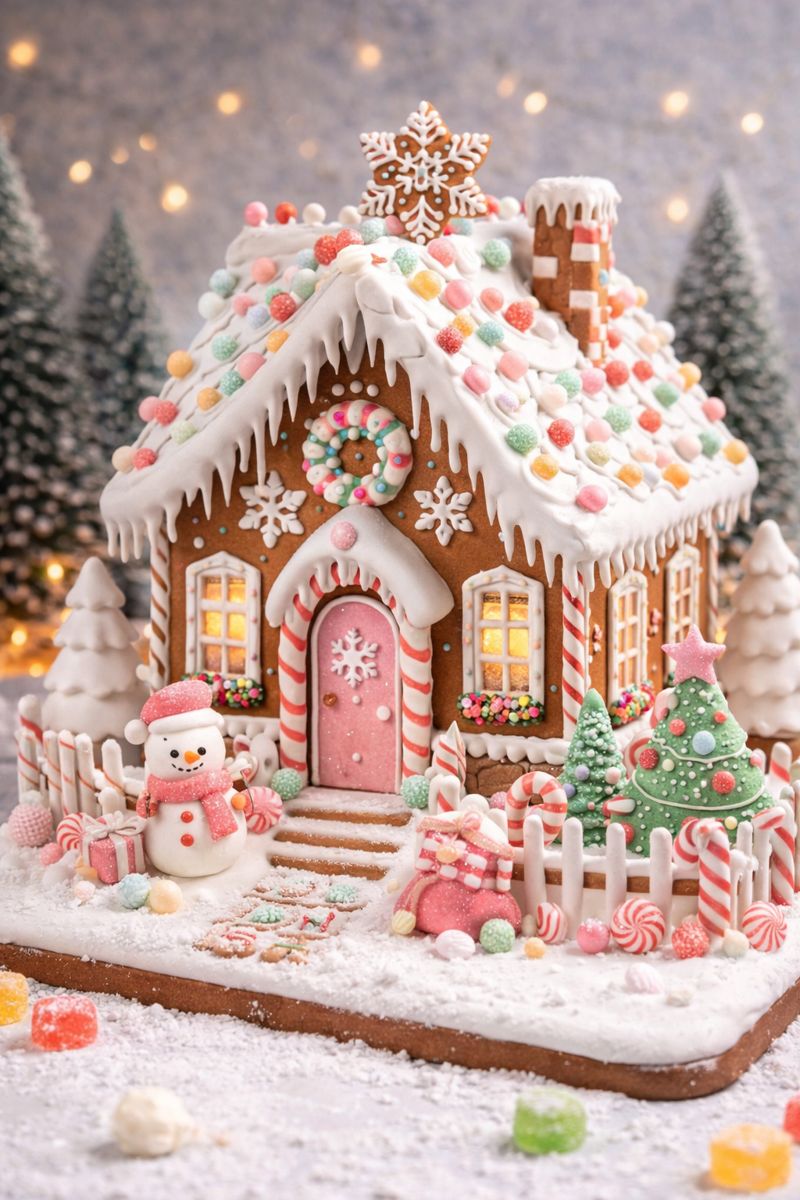 Classic Candy Cottage with Snowy Holiday Details: