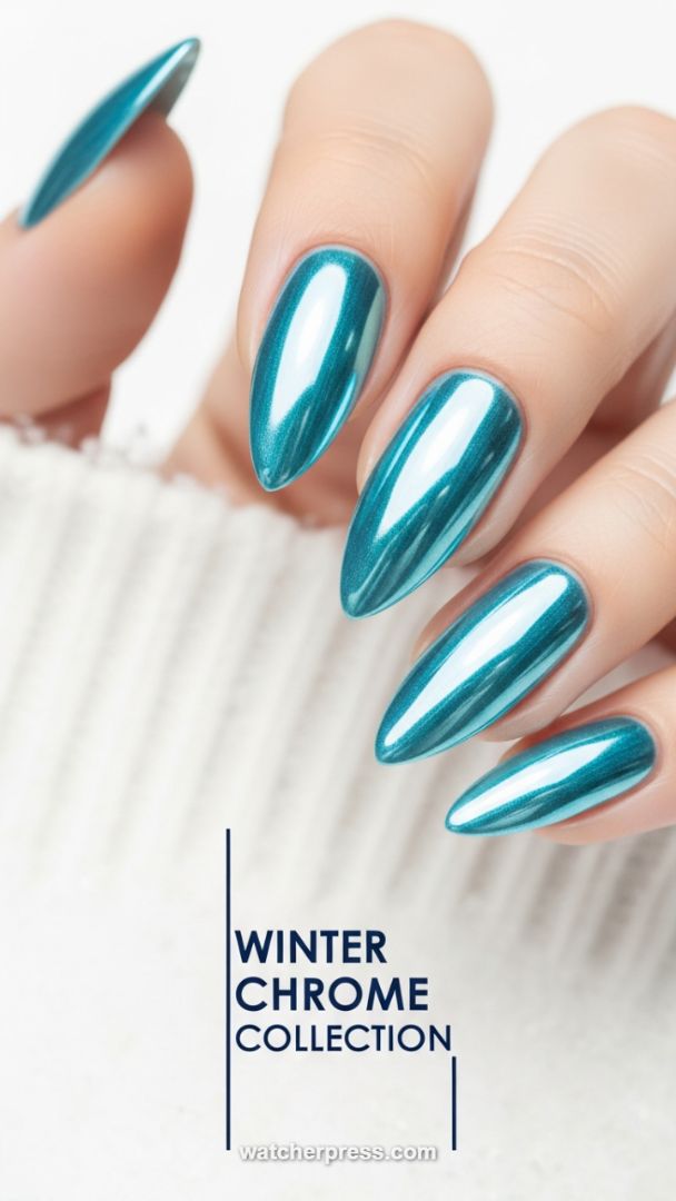 Aquatic Chrome: High-Shine Teal Metallic Manicure