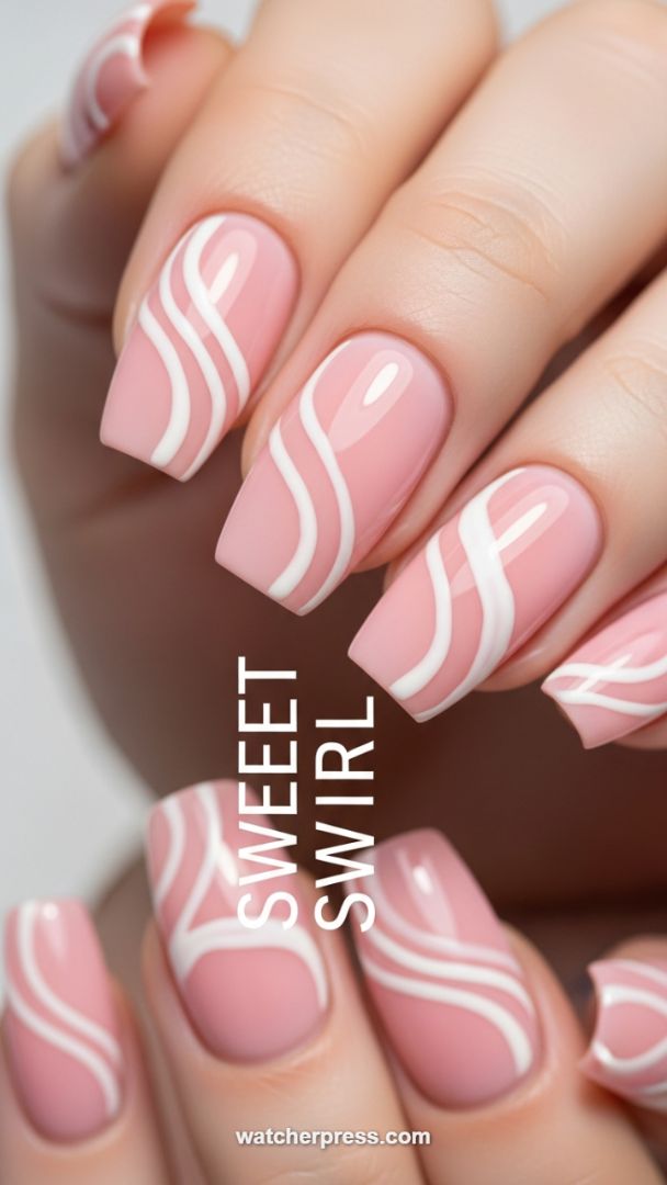 Ballet Pink and White Groovy Swirls on Soft Square Nails