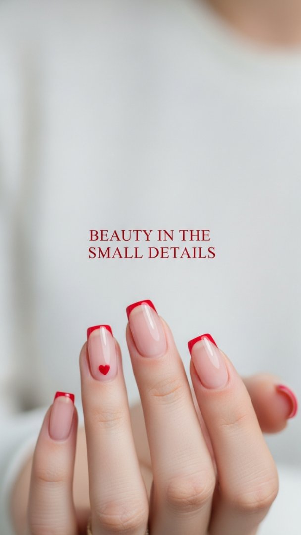 Bold Red French Manicure with Romantic Heart Accent on Soft Almond Nails