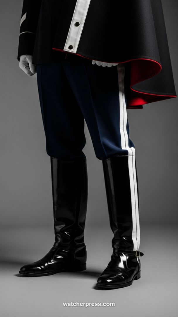 Ceremonial Power: High-Gloss Monochromatic Formalwear with Theatrical Red Accent