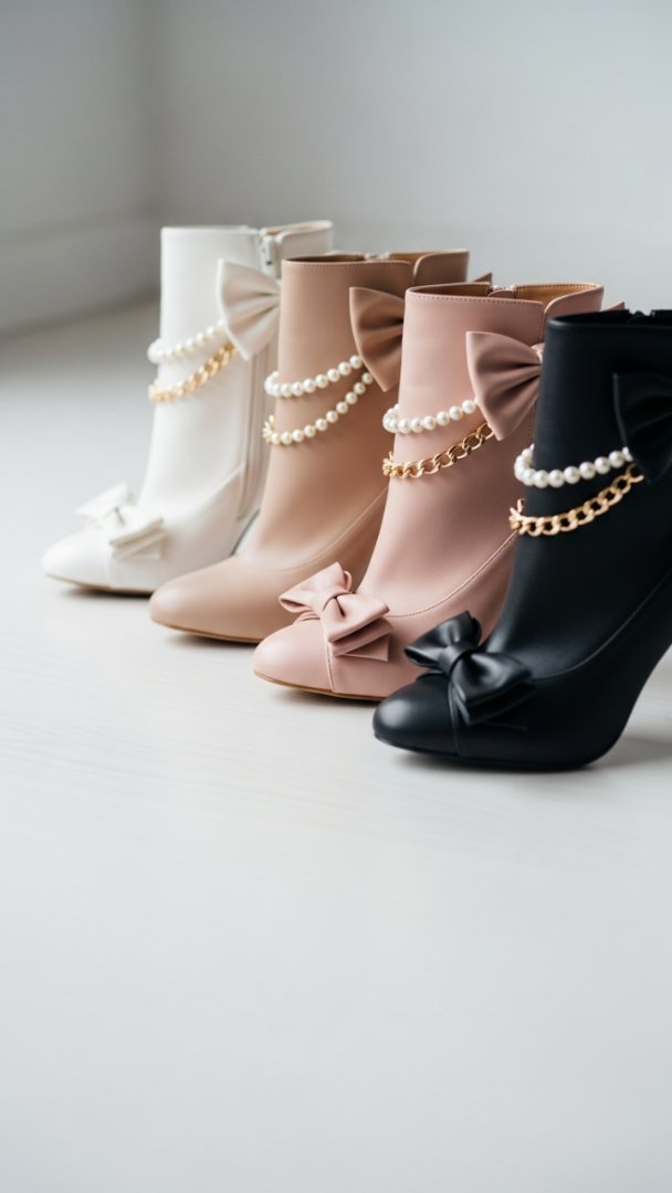 Chic Bow-Detail Ankle Boots with Detachable Pearl Chain Trim