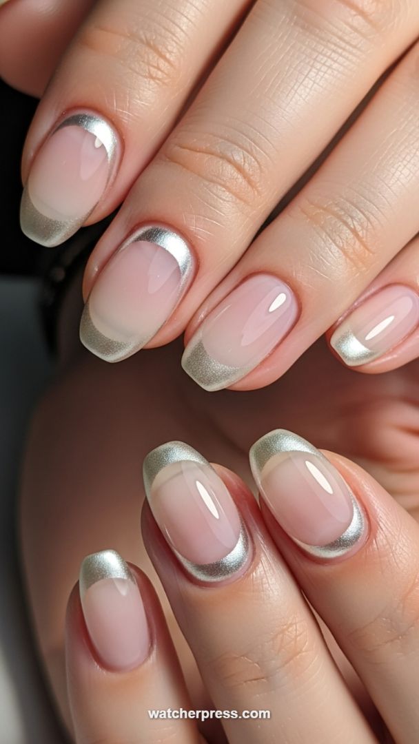 Chrome-Tipped Futurism: The Milky Base and Metallic Silver French Combination
