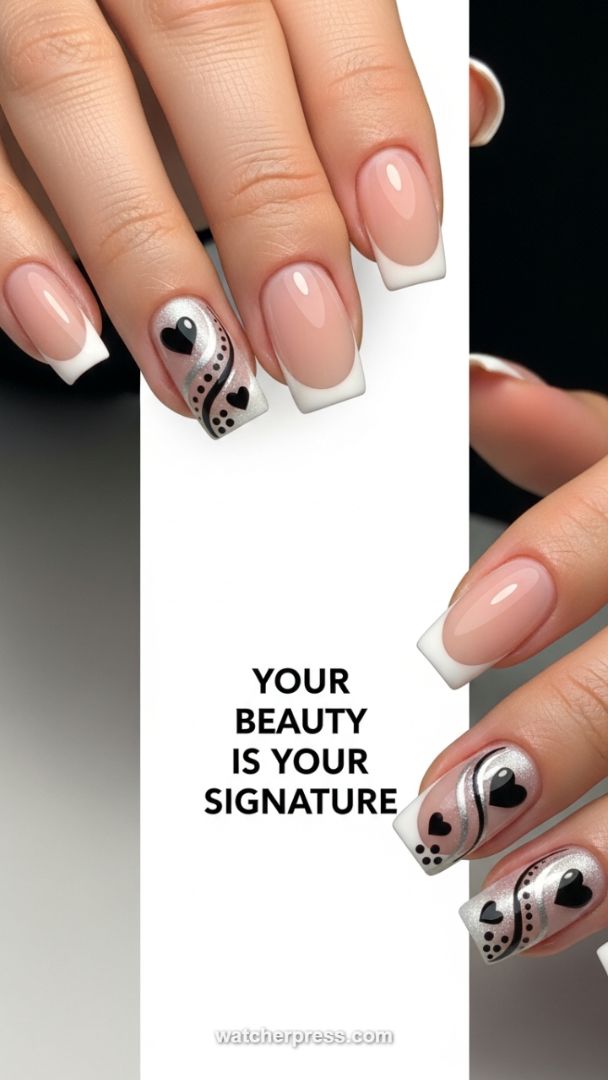 Classic French Meets Modern Romance: Black, Silver, and White Accent Nails