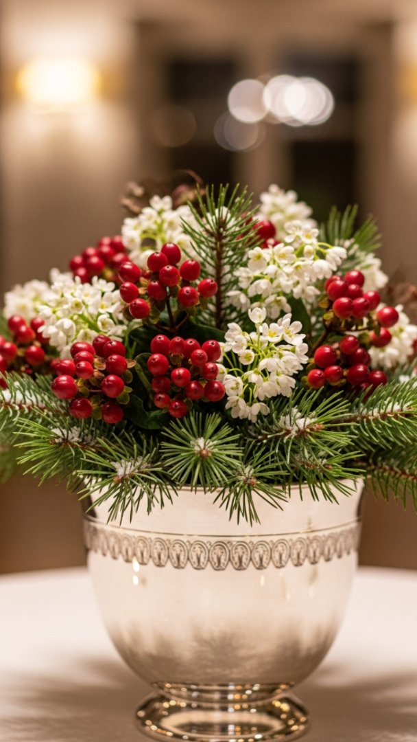 Classic Winter Berry and Pine Centerpiece in Elegant Silver Urn