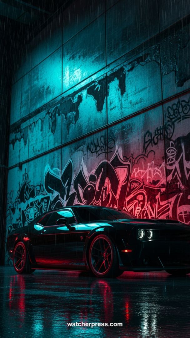Cyberpunk Alley Rendezvous: Muscle Car Under Dual Neon Rain