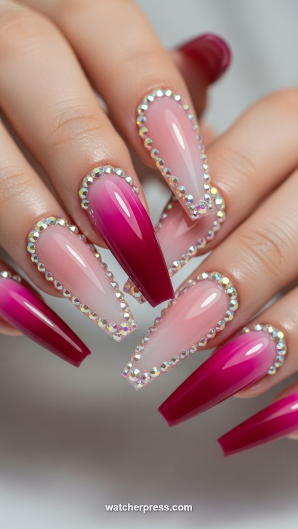 Dazzling Fuchsia Ombre Coffin Nails Framed in Iridescent Crystals
