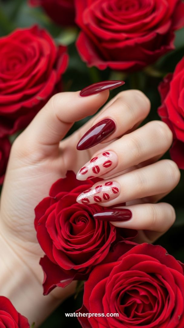 Deep Burgundy Romance: Glossy Stiletto Nails with Kiss-Print Accents
