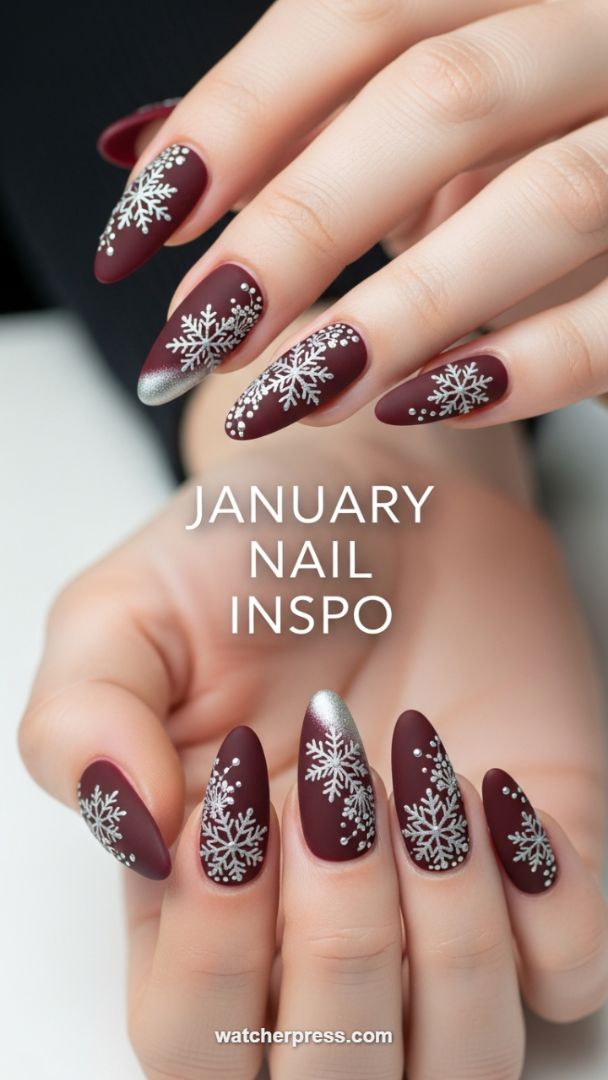 Deep Matte Oxblood Finish with Intricate Silver Snowflake Detailing
