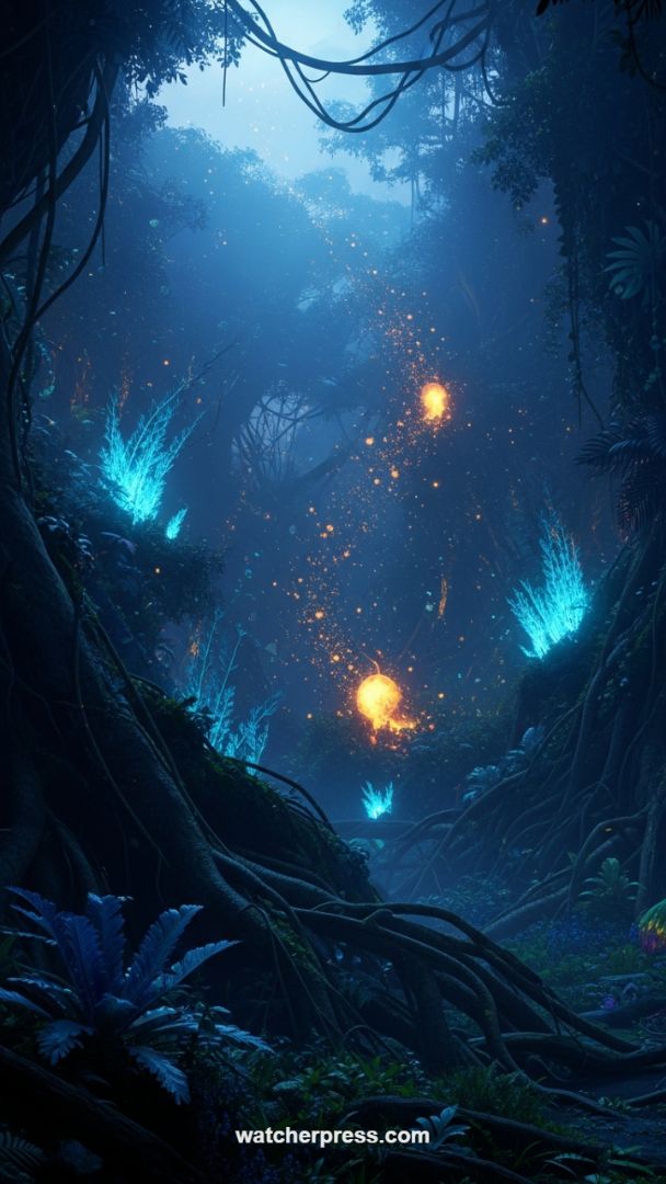 Deep Realm Glow: Bioluminescent Forest Fantasy Wallpaper for AMOLED Screens
