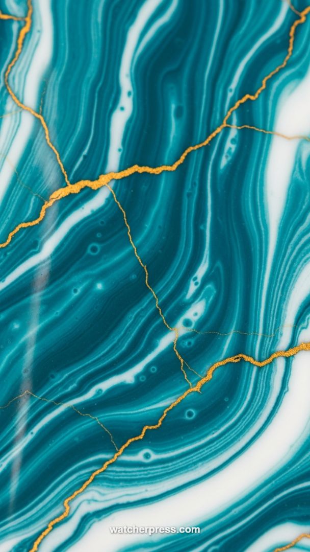 Deep Sea Agate: Teal Marble Nails Enhanced with Kintsugi Gold Veining