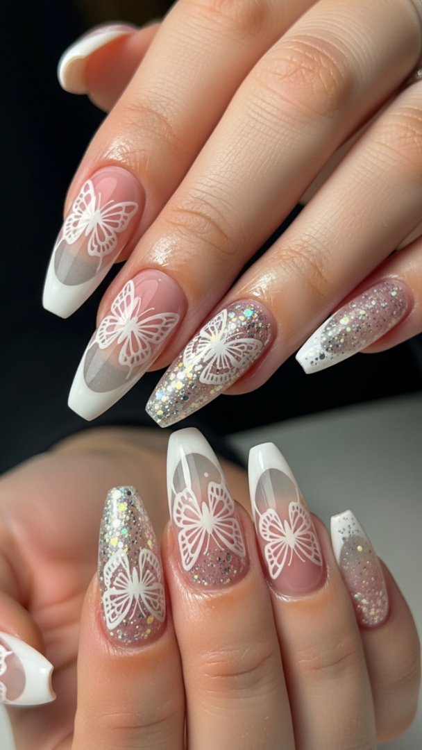 Delicate White Butterfly French Tips with Holographic Glitter Accents