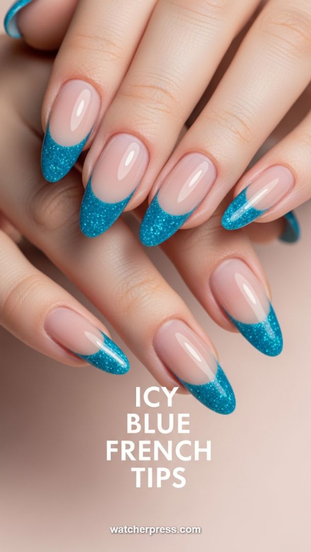 Diamond Dust French Tips in Icy Teal: A Glittering Modern Manicure