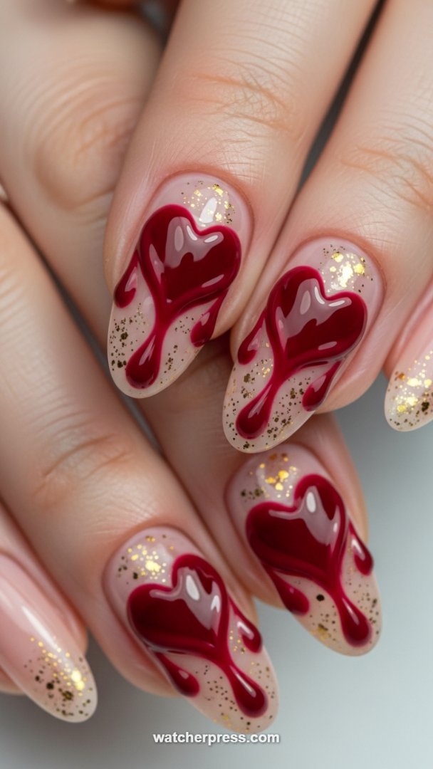 Dimensional "Melting Heart" Nail Art with Gold Flake Accent