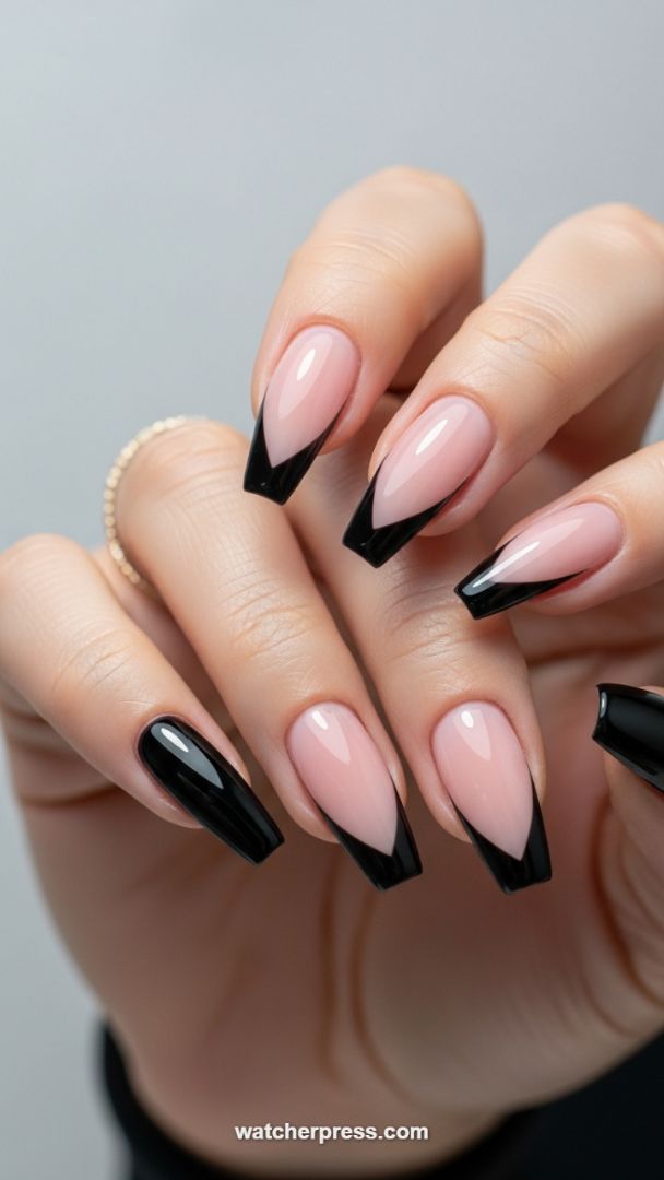 Edgy Glam: The Sleek Black V-Cut French Coffin Design