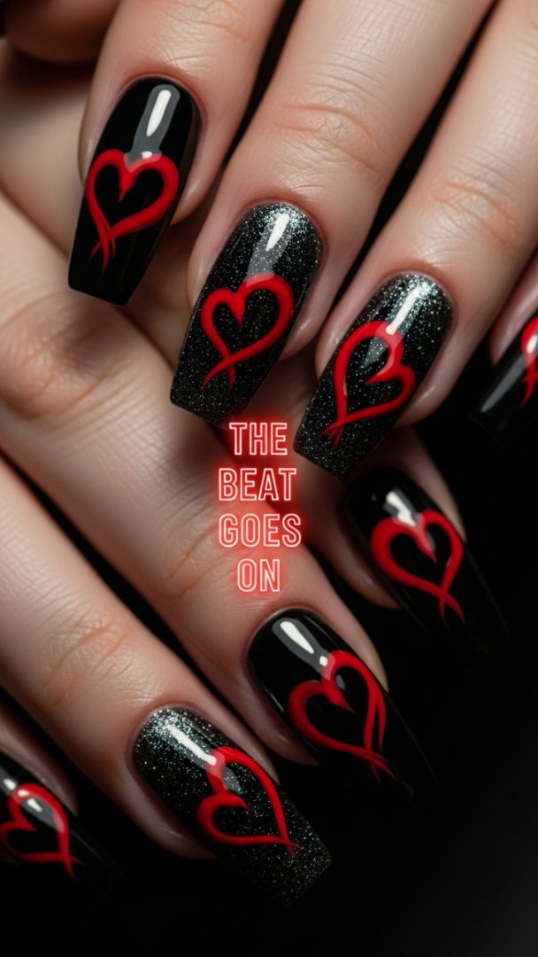 Edgy Noir: Alternating Gloss and Glitter Black Nails with Neon Red Heart Art