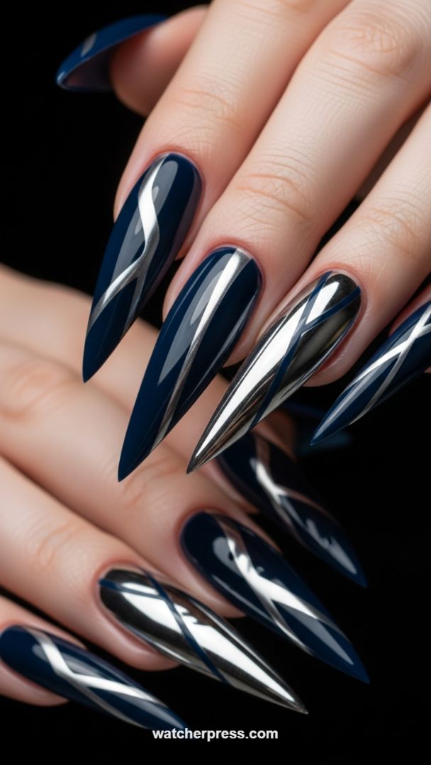 Edgy Stiletto Set: Deep Navy Base with Reflective Chrome Lines
