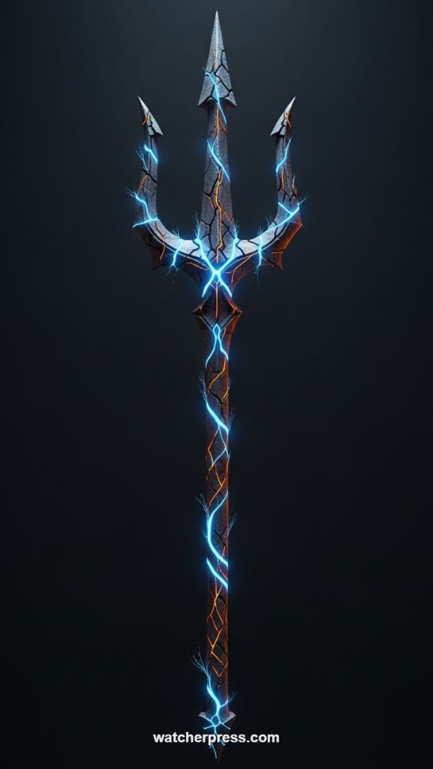 Electrified Relic: Dark Trident with Neon Blue Lightning Glow