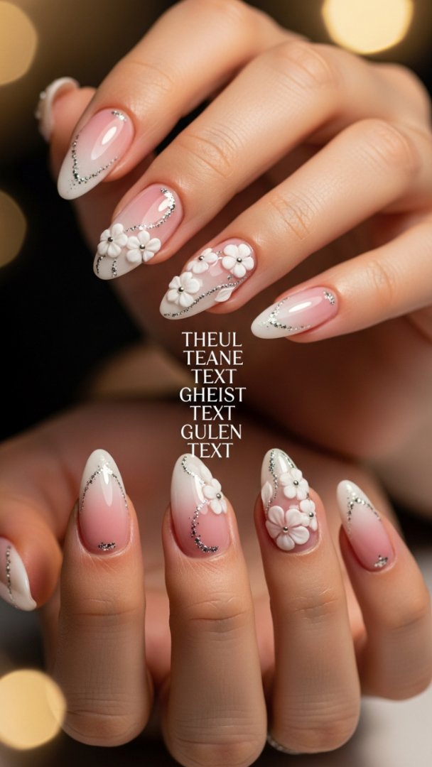 Elegant 3D Floral Ombré Almond Nails with Silver Glitter Accents