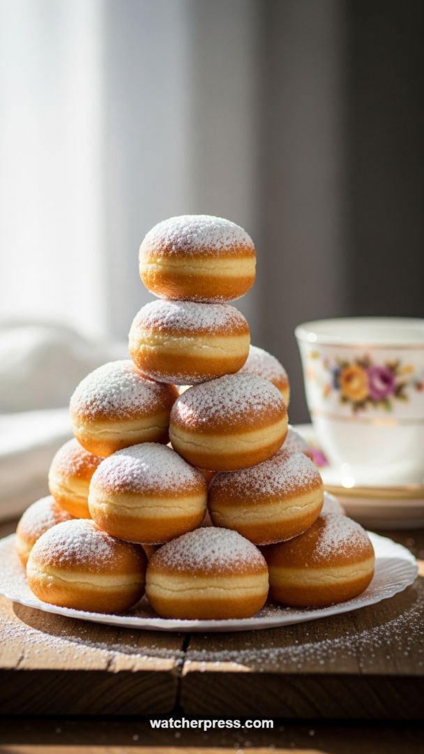 Elegant Miniature Krapfen Pyramid: Speedy Powdered Sugar Donuts