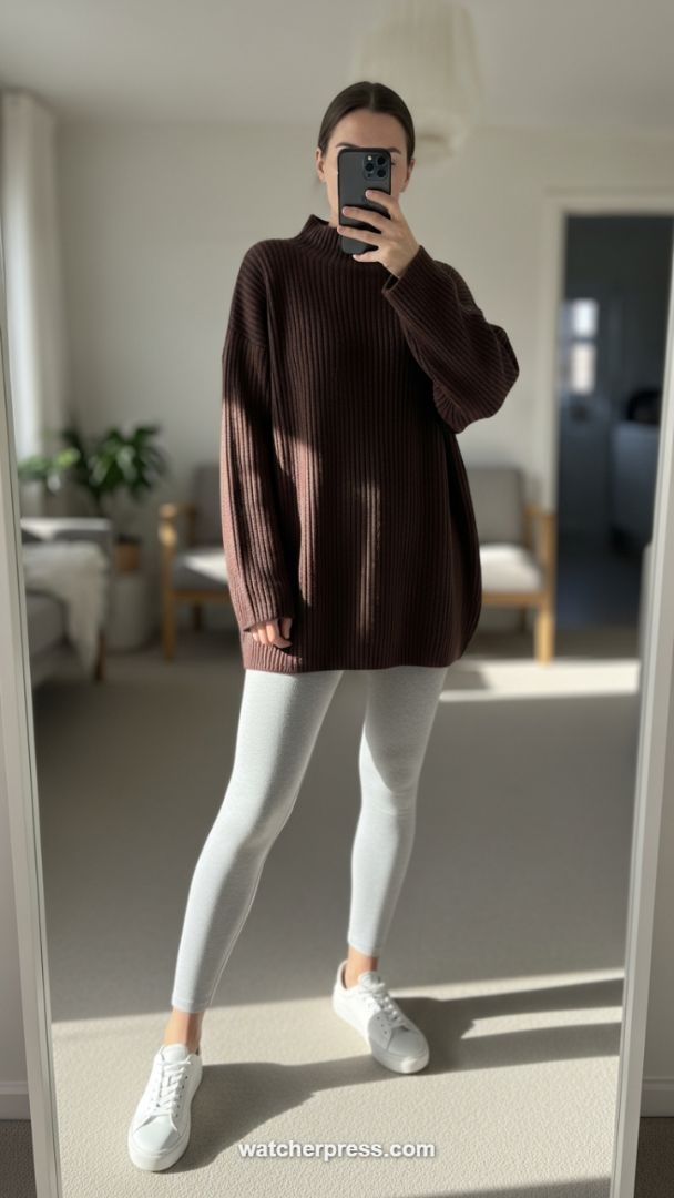 Elevated Loungewear: Chocolate Ribbed Knit Paired with Ash Grey Leggings