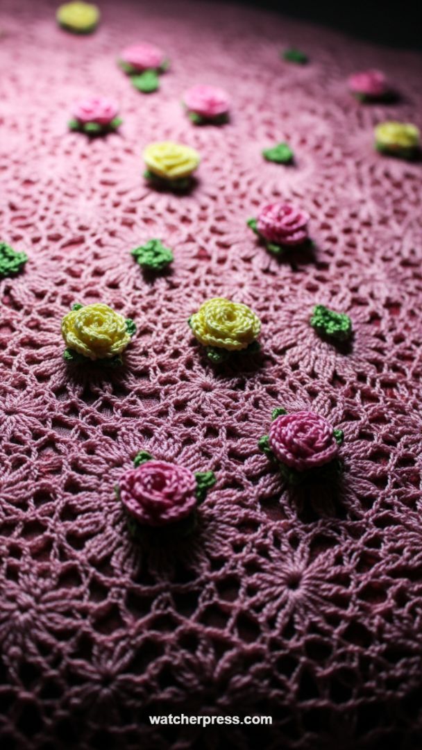 Elevated Textile Art: Hand-Crocheted Floral Overlay with 3D Roses