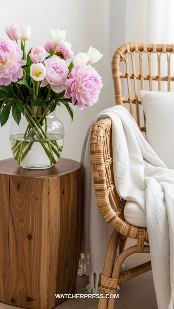 Embracing Natural Textures: The Perfect Rattan Reading Nook with Fresh Florals.