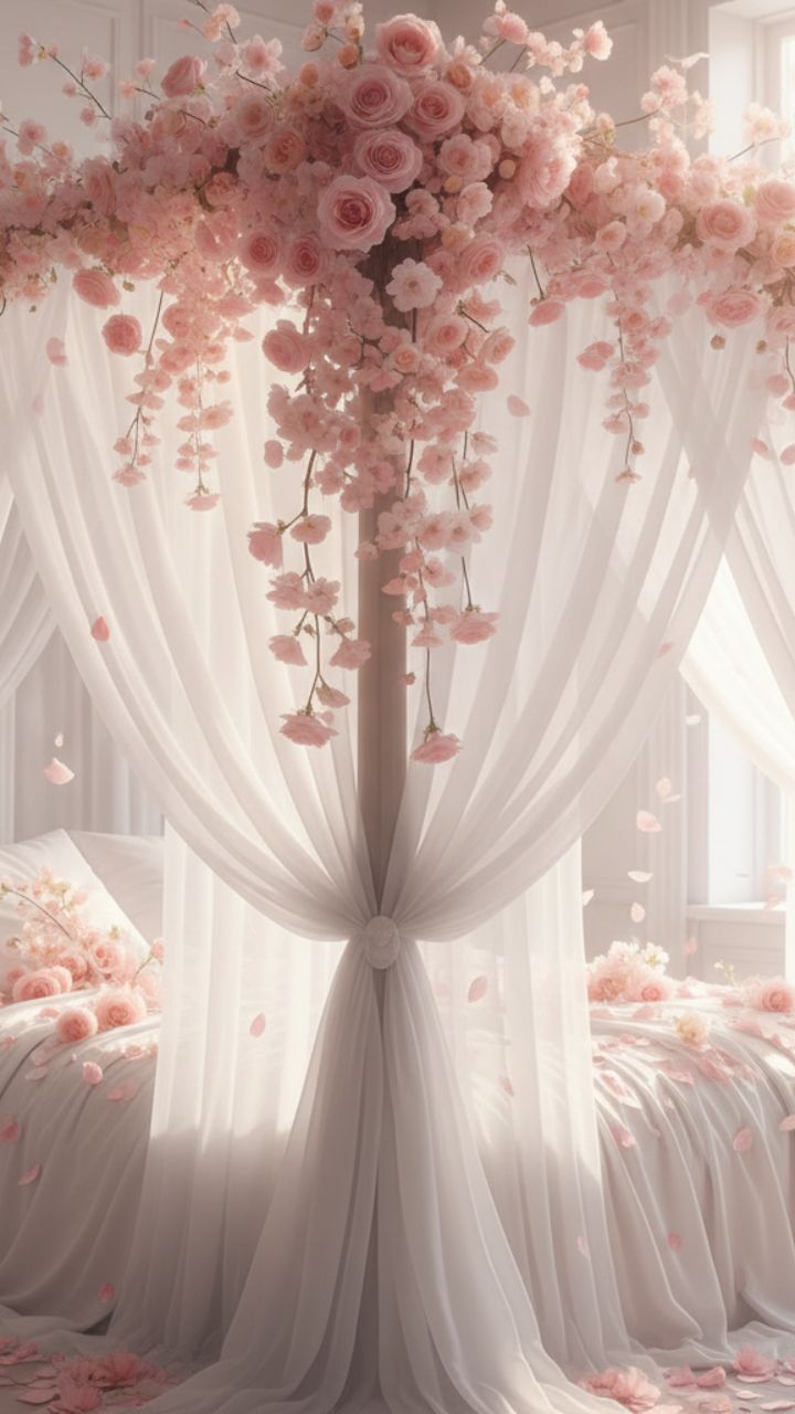 Ethereal Chiffon Canopy Drapes & Faux Rose Garland Set