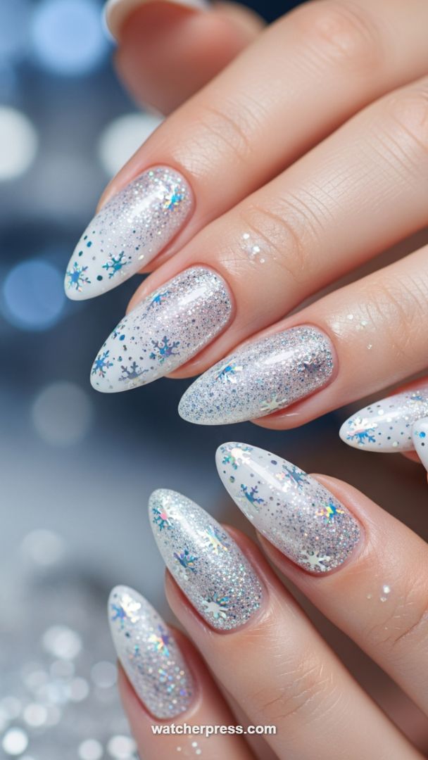 Ethereal Frost: Holographic Snowflake and Silver Glitter Ombre Coffin Nails