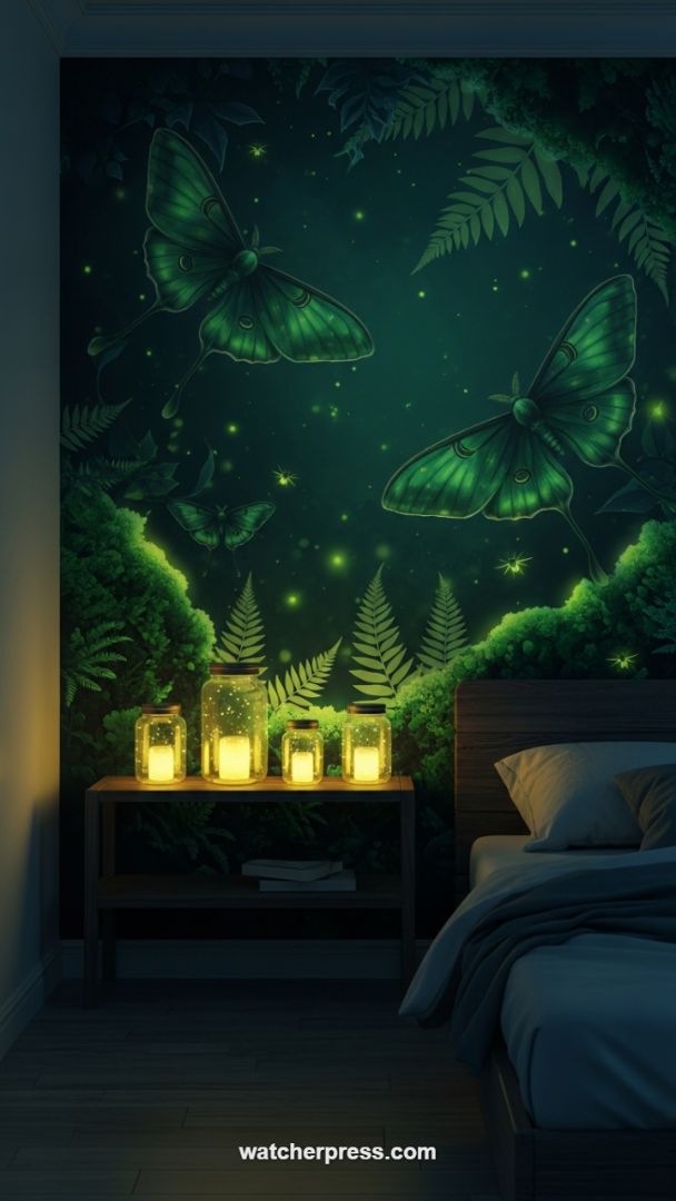 Ethereal Nocturnal Sanctuary: Glowing Green Moth Forest HD