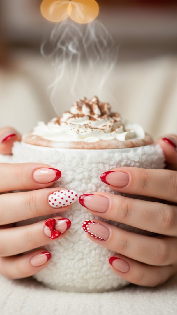 Festive Red French Almond Nails with Polka Dot and 3D Bow Accents
