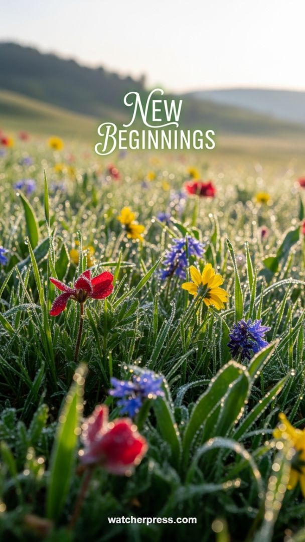 Fresh Start Morning Dew: "New Beginnings" Inspirational Field Wallpaper