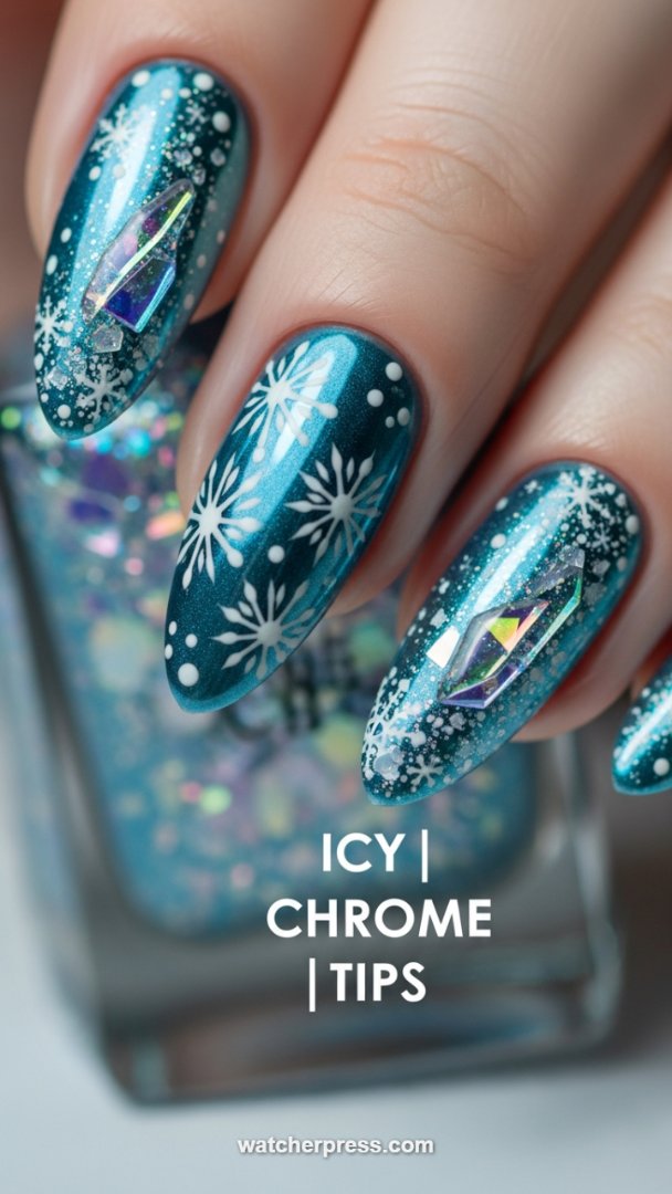 Frozen Elegance: Metallic Teal Chrome Nails with Iridescent Crystal Shards