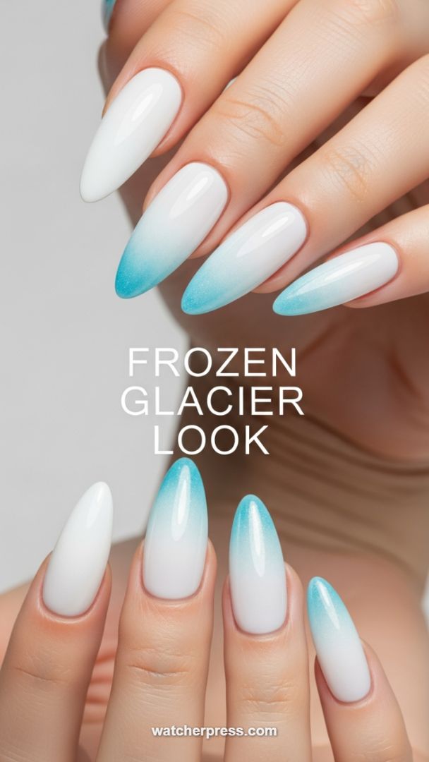 Frozen Glacier Ombré: The Coolest Blue-Tipped Almond Nails of 2024