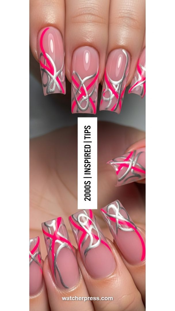 Futuristic French: Hot Pink and Silver Intertwined Abstract Coffin Nails