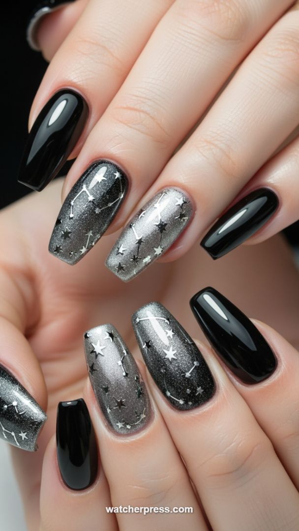Galactic Glam: Metallic Black and Silver Constellation Manicure