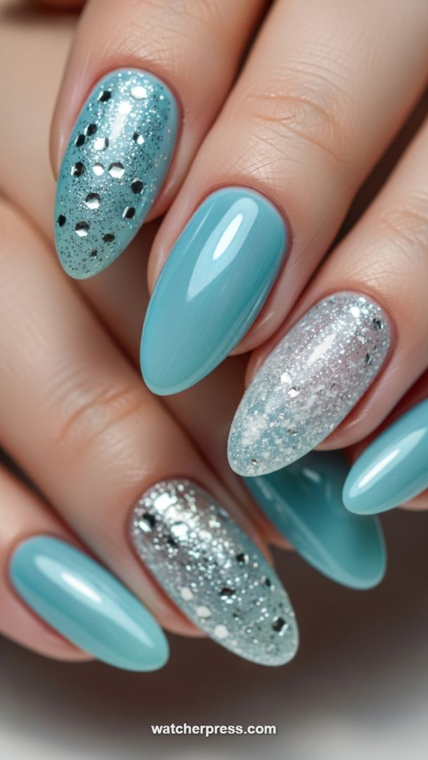 Glacial Aqua and Silver Confetti: A High-Shine Mixed Media Manicure