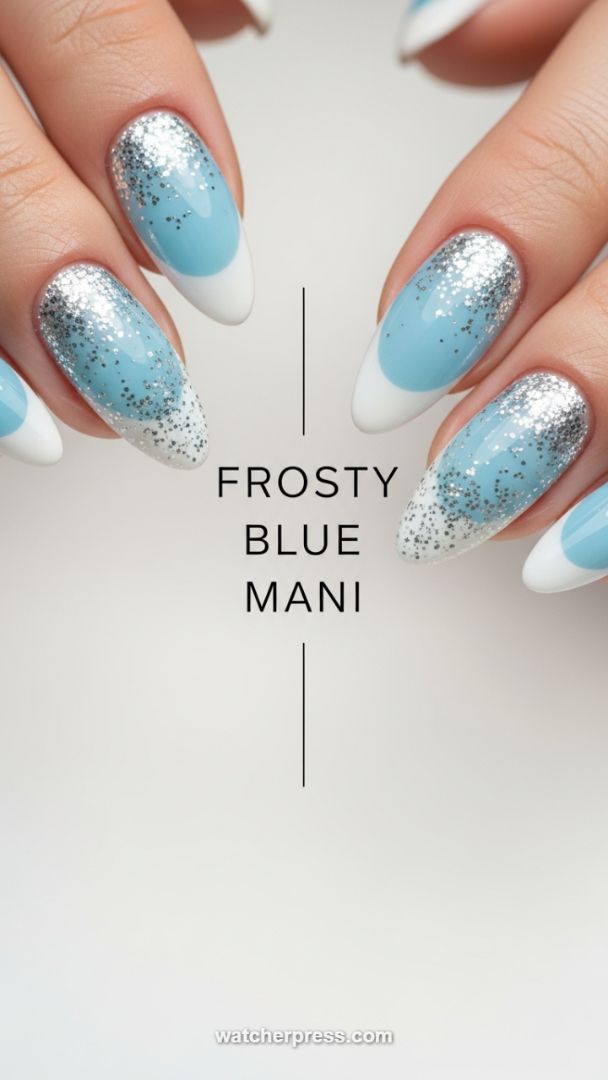 Glacial Glitter Finish: The Icy Blue Ombré French Tip