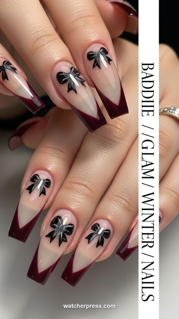 Glamorous Coffin Nails: Burgundy V-French and Black Bow Accent Design
