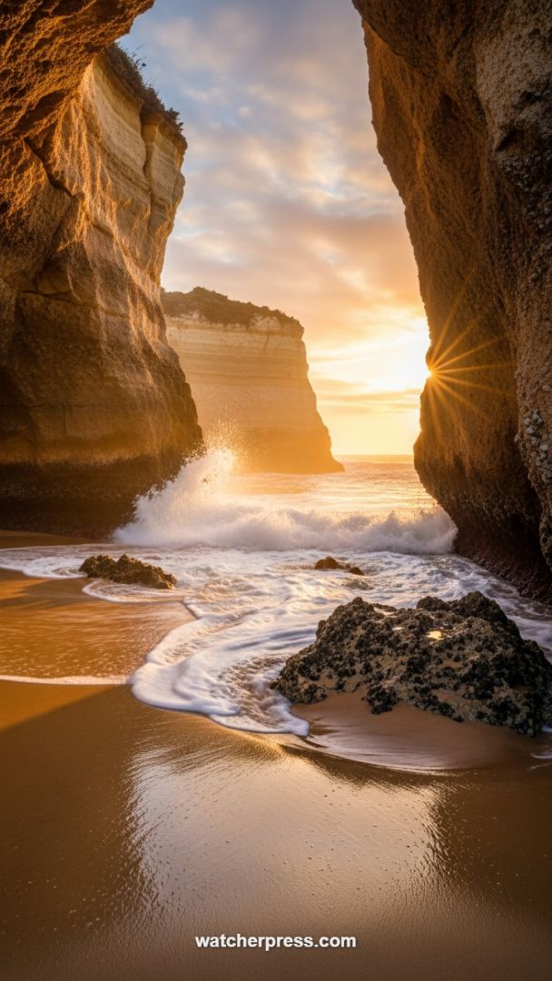 Golden Hour Drama: Crashing Waves at the Sandstone Sea Cave