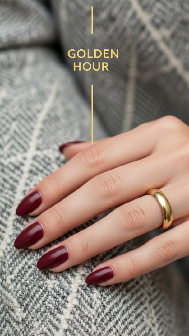 Golden Hour Glamour: Deep Maroon Almond Manicure