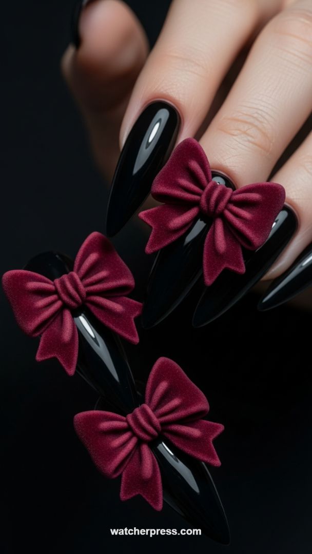 Gothic Glamour: Achieving High-Shine Stilettos Paired with Deep Burgundy Velvet Accents