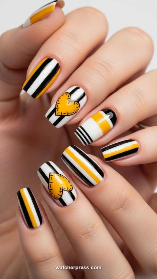 Graphic Mustard Yellow and Black Striped Mani with Stitched Hearts