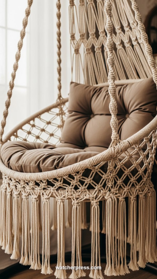Hand-Woven Macrame Hanging Chair with Plush Seating