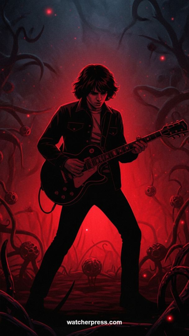 Hellfire Riff: Dark Fantasy Guitarist Wallpaper