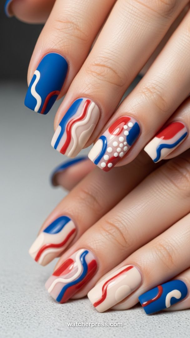 High-Contrast 3D Wave Nails: The Matte & Glossy Red, White, and Blue Abstract Trend