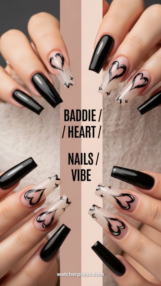High-Contrast Baddie Nails: Achieving Sharp Graphic Heart Art on Coffin Tips